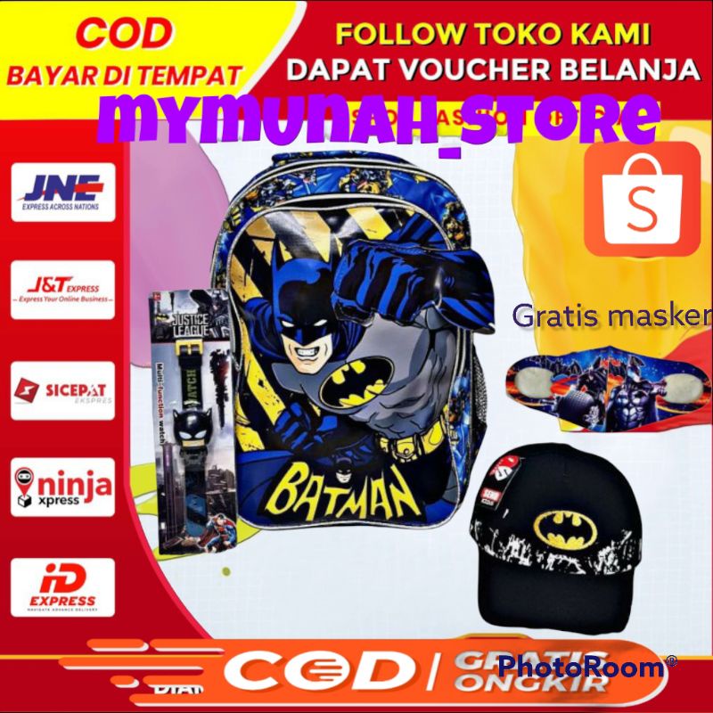 Tas ransel Sekolah anak SD motif superhero 3D Murah lebay/gratis jam tangan dan topi masker