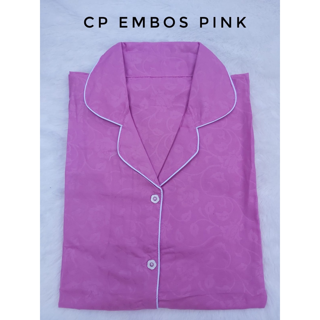 JNV Piyama CP Wanita Motif Satin Embos - Baju Tidur Saten Lengan Pendek - Bahan Satin Embos-Pink