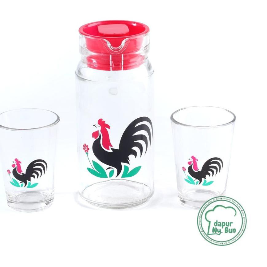 <<Bc-Ad_86 Pitcher dan Gelas Kaca Set CATRA AYAM Jago/1 Pitcher + 2 Gelas Kopi/Water Jug .,.,.,.,.
