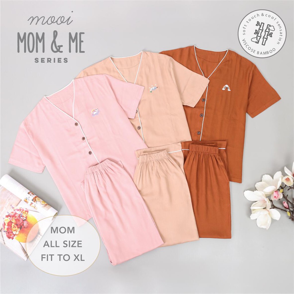 PROMO 7.7 PROMO BAJU LEBARAN MURAH MOOI Setelan Piyama Baju Tidur Ibu dan Anak Mom and Me Bamboo Viscose Bordir