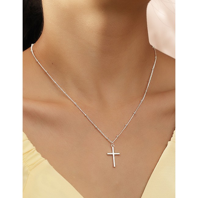 LRC Kalung Fashion Silver Cross Round Bead Chain Alloy Multilayer K92691