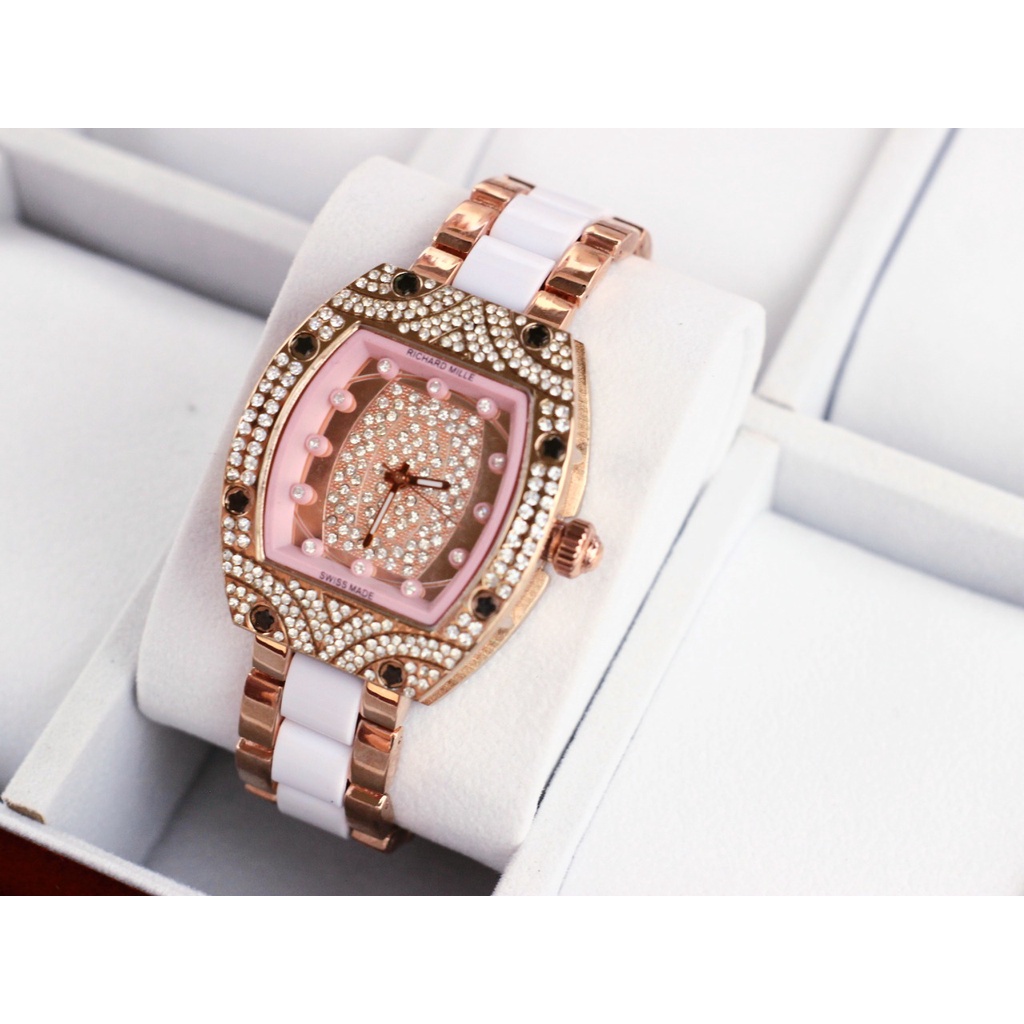 JAM TANGAN WANITA E100 RANTAI KOMBI BODY FULL MATA DM 4.0CM || JAM TANGAN FASHION WANITA TERBARU