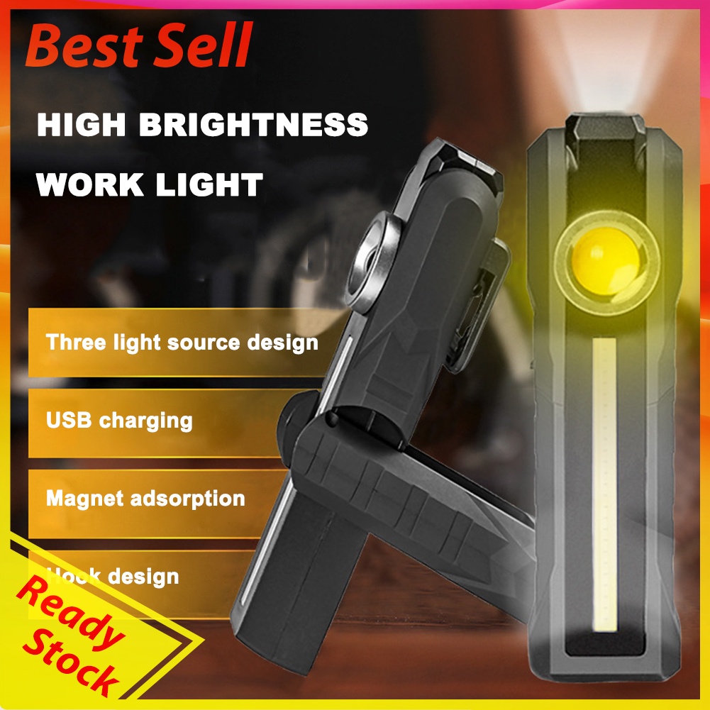 Portable LED+COB Folding Round Flashlight USB Rechargeable Car Repair Torch