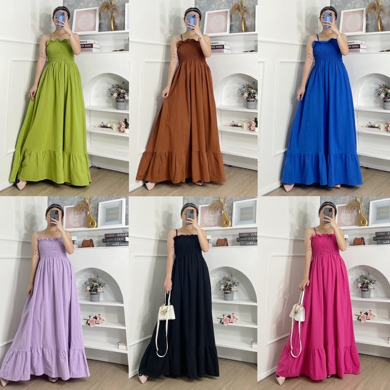 CODE 2143 ALYAA SMOCKED MAXI DRESS KOREA LINEN HIJAB FRIENDLY