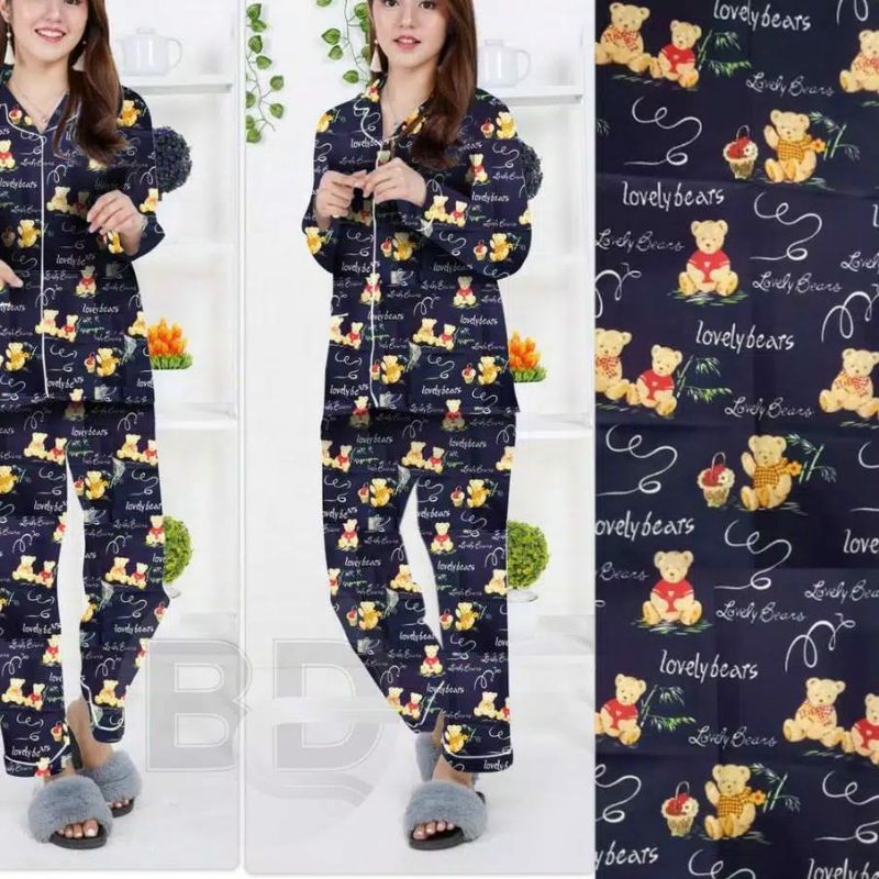 blinqshop baju tidur piyama TEDDY LOVE NAVY