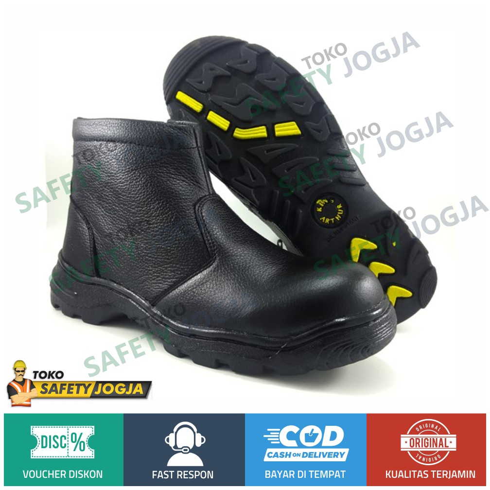 Sepatu Resleting Samping Safety Ujung besi Karet Samping Kulit Asli