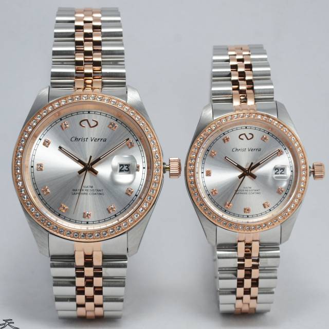 Jam Tangan Couple Christ Verra 72022-14 Silver Rosegold Rantai Original Murah