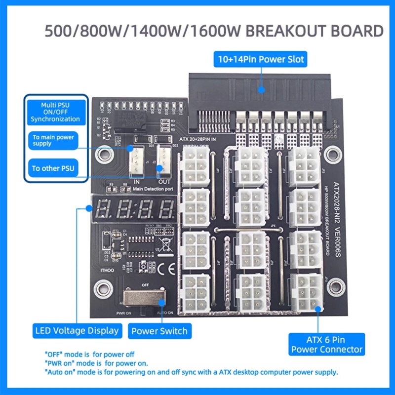 Btsg 2200W 6P GPU Power Module Server Card Konversi 12port 6PIn Untuk Tambang BTC