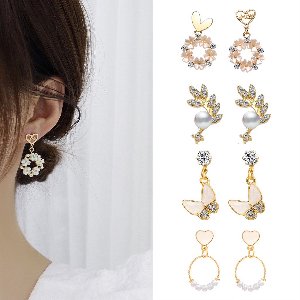 MurmerOfficial  A059 Anting Korea Style Anting Perempuan Modis Kekinian Anting Elegan Anting Tusuk 17KM Gantung Temperament Desain Hati + Pita + Mutiara Gaya Korea / Elegan 17km Untuk Wanita