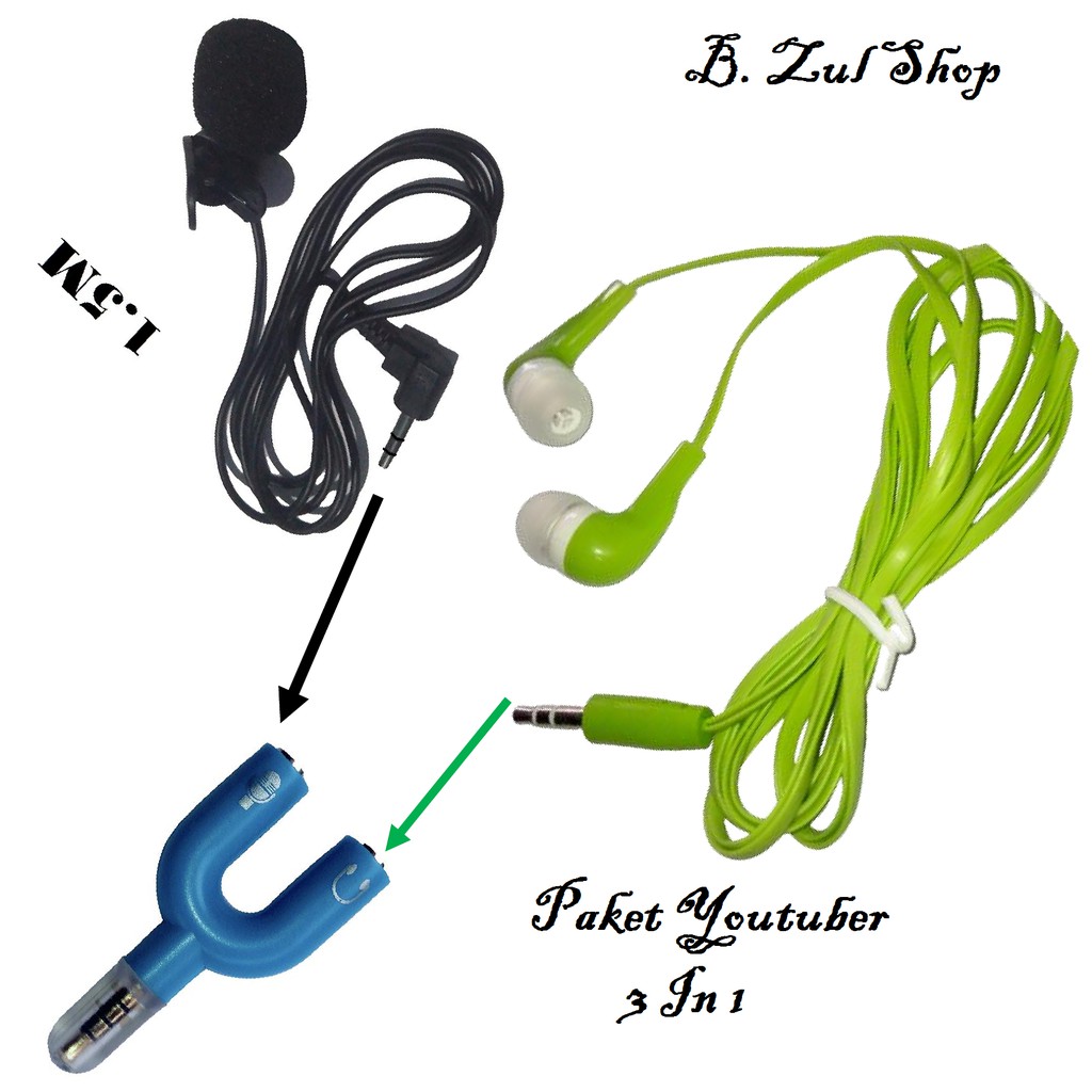 Paket Youtuber 3 in 1 ( Clip On Mic, Headset Superbass &amp; Splitter)