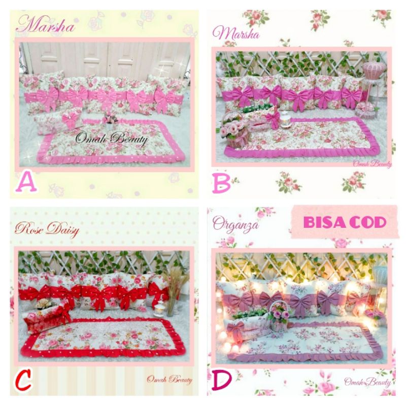 PREORDER Sarung Bantal Sofa Kursi Shabby Shabbychic Marsha Romantic Garden Cream Pink Orange Merah S