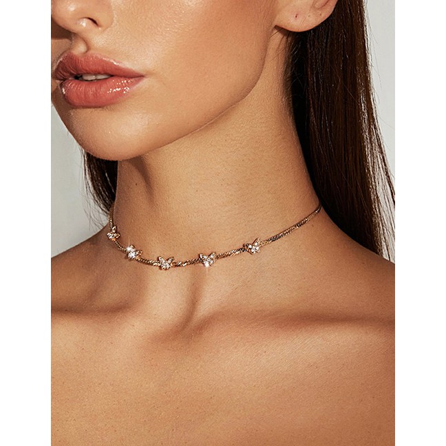 LRC Kalung Fashion Micro-set Rhinestone Geometric Snake Bone Chain Small Butterfly Necklace K34978