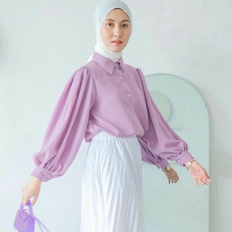 KEMEJA WANITA CASUAL POLOS BASIC AUDREY BASIC SHIRT KEMEJA LENGAN BALON POLOS, KEMEJA TANGAN BALON-Audrey lilac