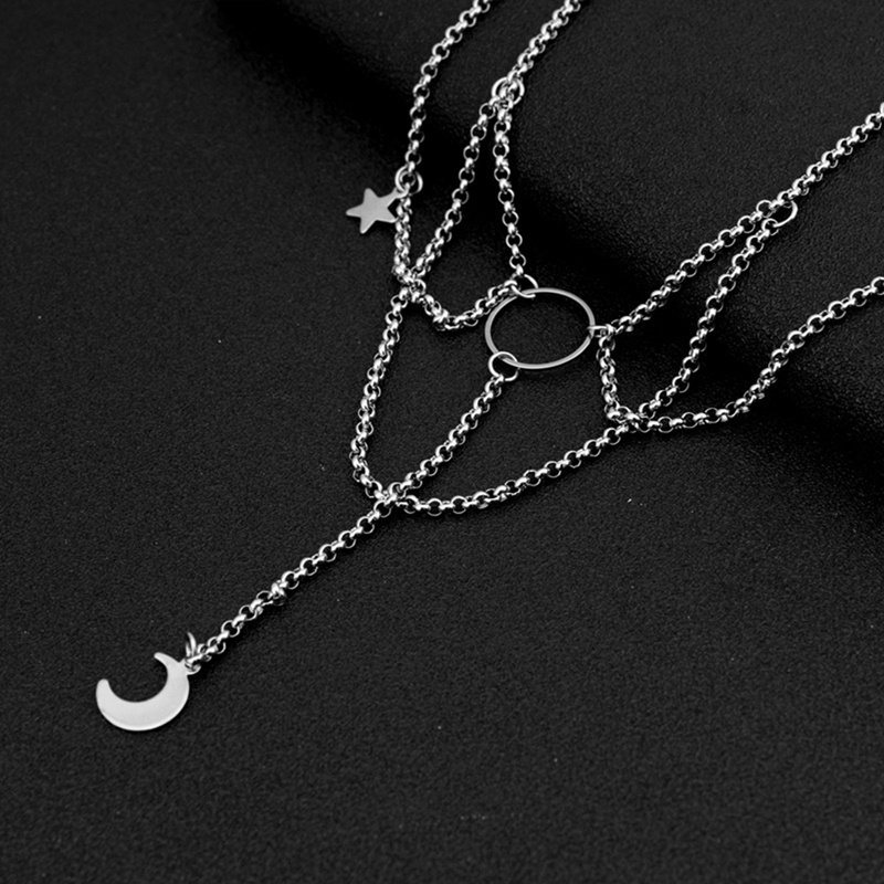 Kalung Choker Desain Bulan Bintang Lingkaran Warna Silver Gaya Gothic Punk Rock Untuk Wanita