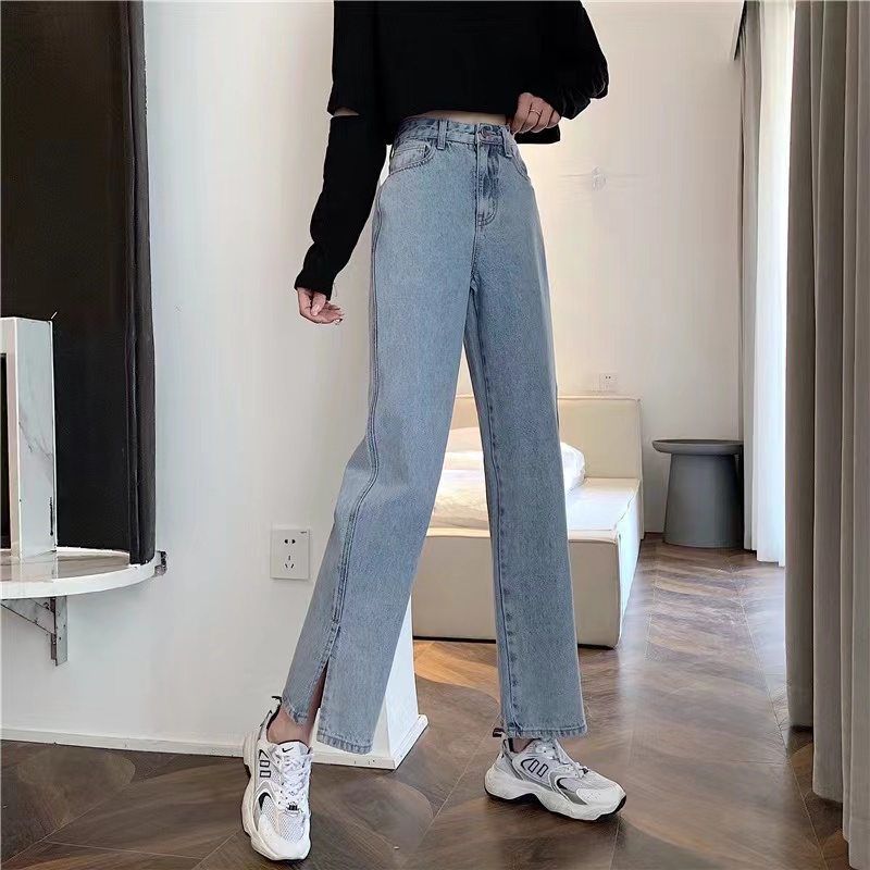 korean style new perpecahan biru high waist kekinian kulot longgar celana jeans panjang wanita