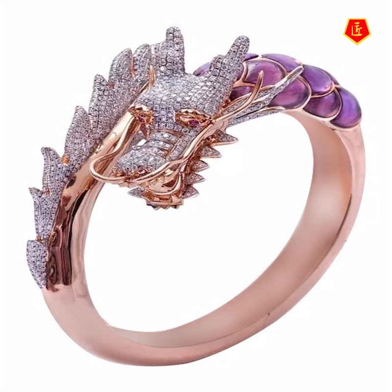 [Ready Stock]Domineering Dragon Head Diamond-Studded Ring 18K Rose Gold Fashion Exquisite