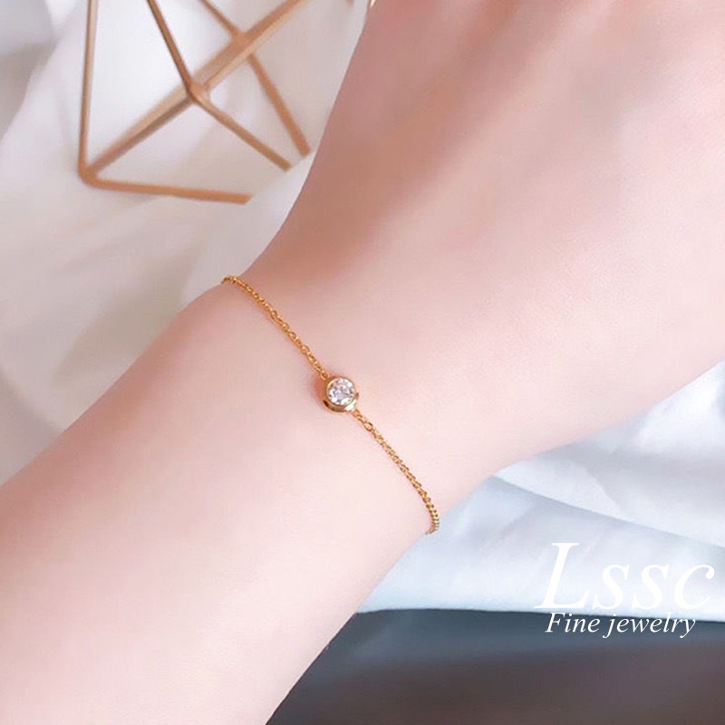 Gelang Titanium Wanita Anti Karat Satu Mata Berlian Emas 18K Mewah Aksesoris Korea