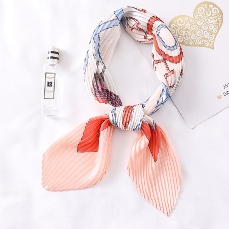 &quot;Helga&quot; 70x70 cm Pleated Pleats Diagonal Scarf,  Scarf Leher, Scarf Tas, High Grade Silk Immitation