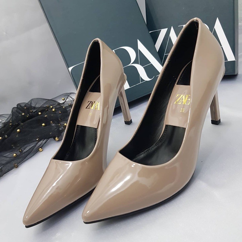 Pump heels glossy by zara import sepatu wanita hak tinggi casual kerja fashion shoes khaki gray