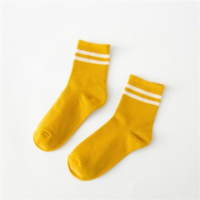 OVERFLOWS.ID Kaos Kaki Mid 2 Garis Import Korea Kaos Kaki Panjang Betis Warna Cewek Cowok-Kuning