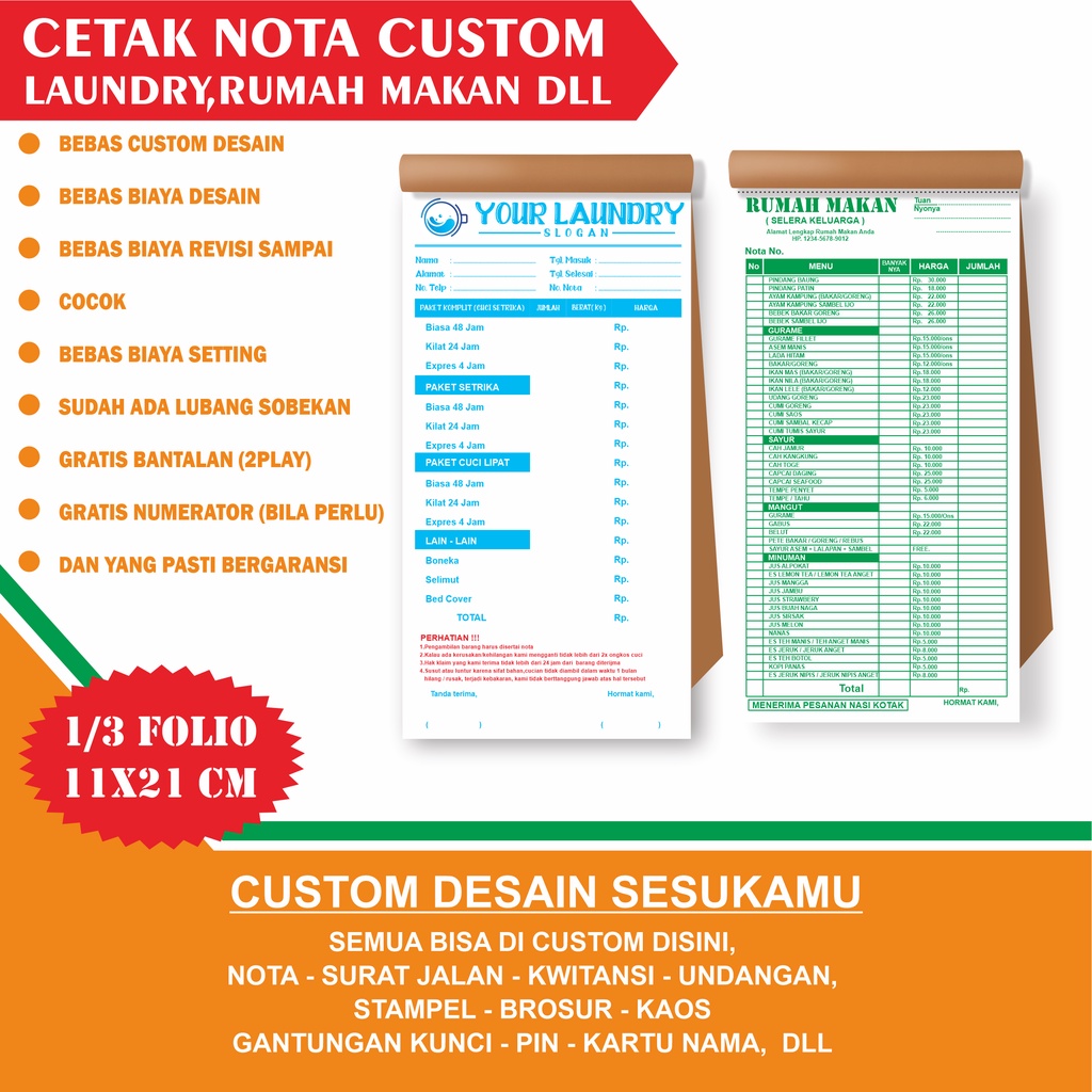 CETAK NOTA CUSTOM LAUNDRY - RUMAH MAKAN DLL 21 X11 CM