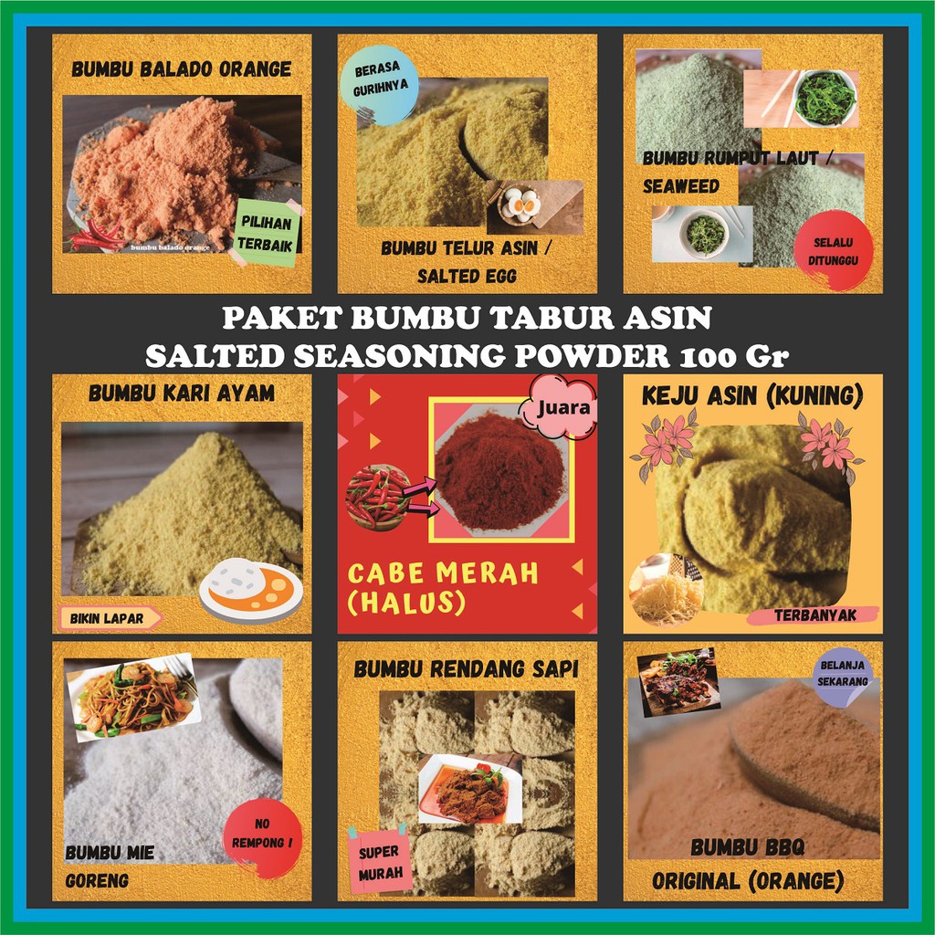 

Bumbu Tabur Paket Lengkap Asin Murah Enak Balado Keju Rumput Laut Seaweed Rendang Cabe Mie Goreng