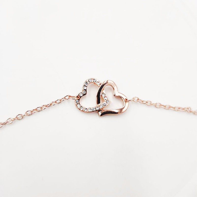 Gelang Desain Hati Ganda Aksen Berlian Warna Rose Gold Dan Silver Gaya Korea