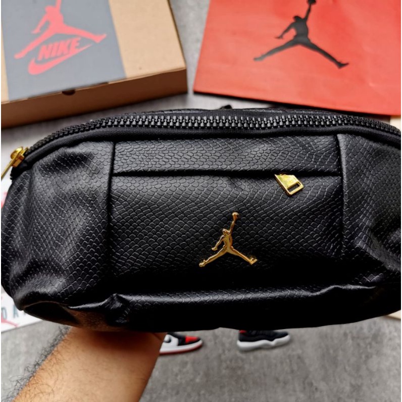 Waist Bag Pria Banyak Bonus Jordan Regal Leather Black Gold With Box &amp; Paperbag