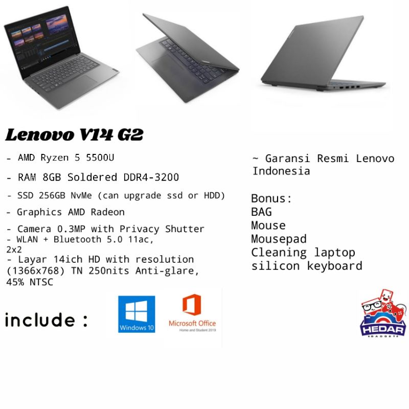Lenovo V14 G2 Ryzen 5 5500U 8GB DDR4 256GB Radeon W10 OHS 14 HD