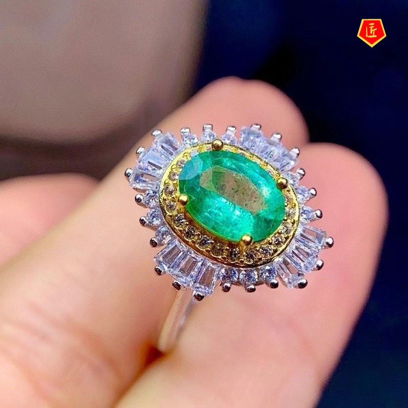 [Ready Stock]Luxury Full Diamond Natural Emerald Ring