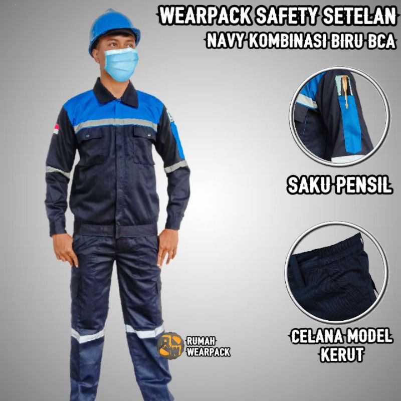 Setelan Wearpack Safety dan Celana Safety Warna Navy Kombinasi Biru BCA