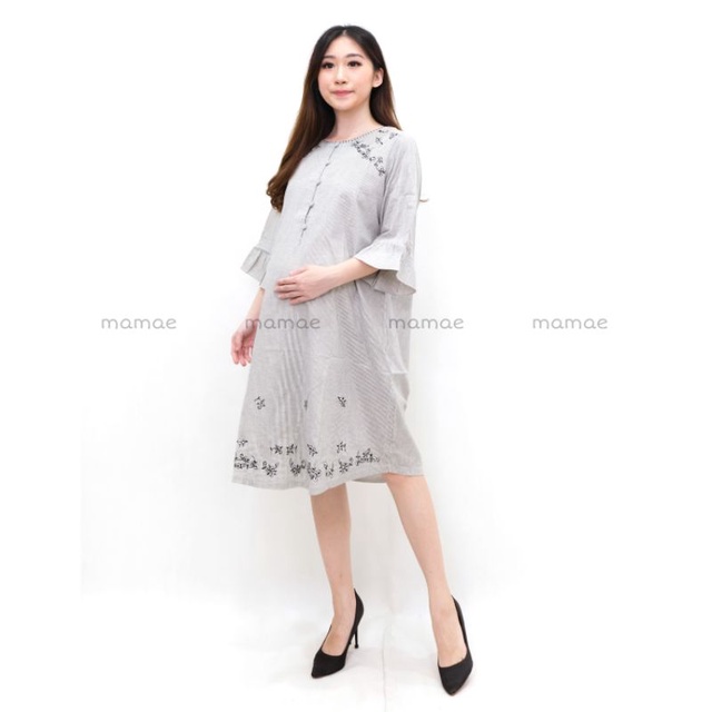 Dress hamil menyusui katun salur bordir dan kancing depan
