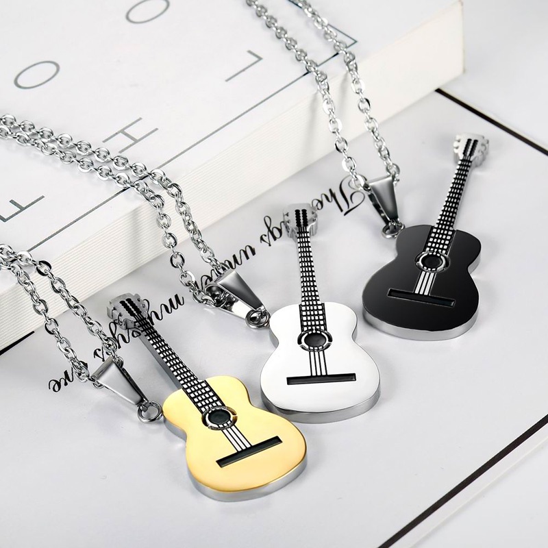 Korean fashion 3 color guitar pendant men and women stainless steel necklace hip hop punk rock jewelry factory wholesale