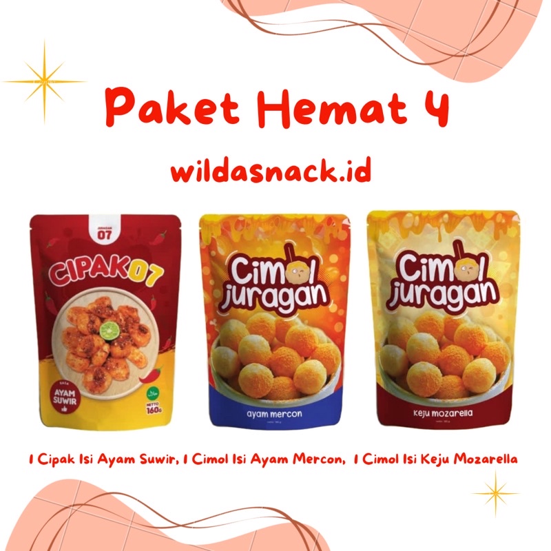 

Paket hemat 4 | Cipak Isi Ayam Suwir | Cimol Isi Ayam Suwir Mercon | Cimol Isi Keju Mozarella | cemilan enak | makanan ringan | cimol | makanan kering | cipak ayam suwir | cipak koceak | cimol ayam mercon | cimol keju mozarella | wilda snack | wildasnack