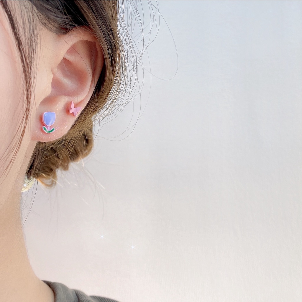 AY(CN) Set Anting Hoop S925 Silver Bentuk Bunga Tulip Kupu-Kupu Untuk Wanita