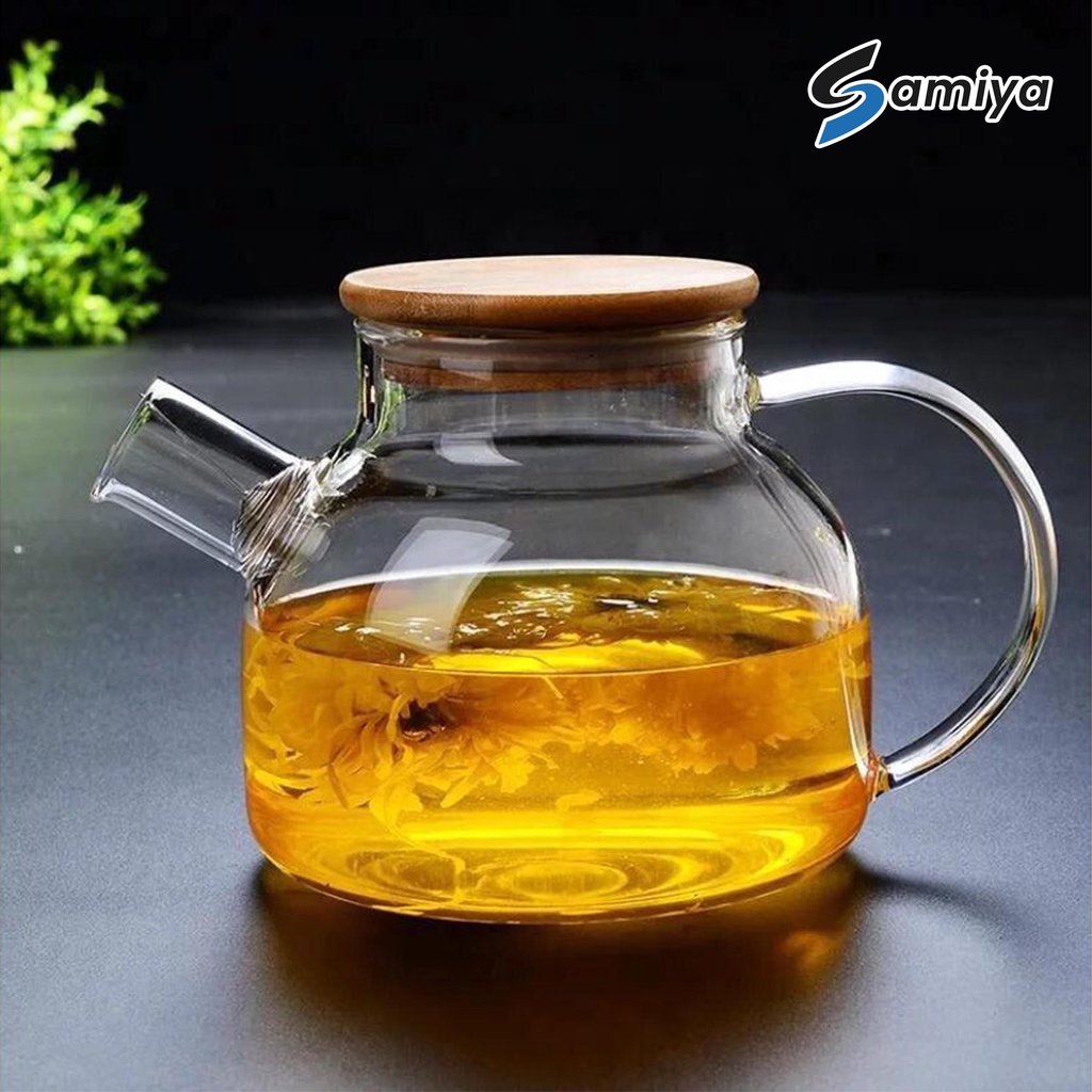 tea pot infuser wooden lid 1liter / teko teh kaca dengan tutup kayu / kungfu teapot / jus dispenser