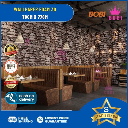 Wallpaper 3D Brickfoam Batu Alam Coklat / Ukuran 70x77cm / Wallpaper 3D