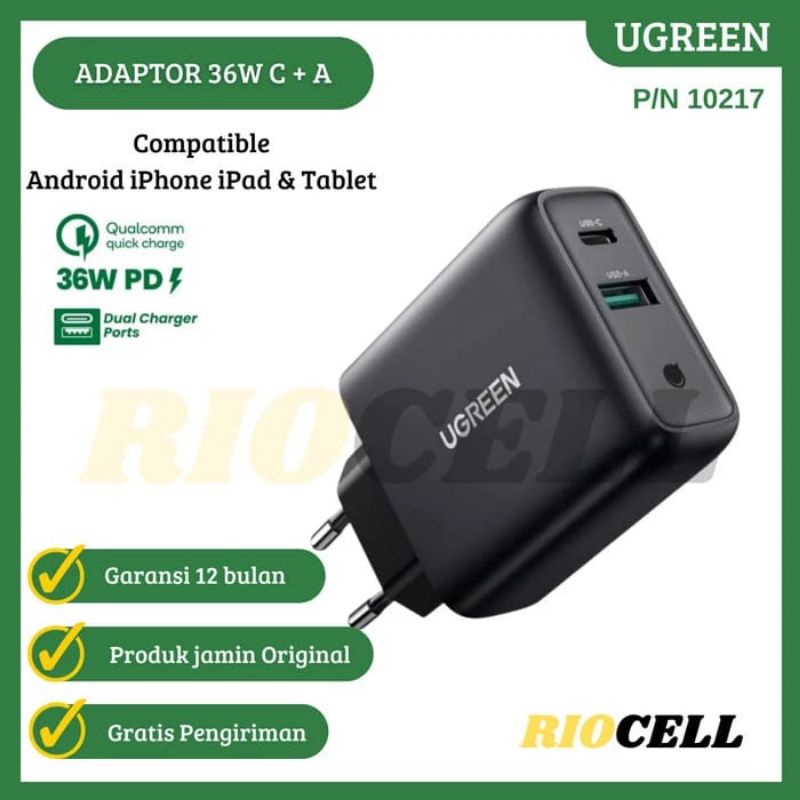 UGREEN Adaptor Charger 36W Dual Fast Charging Dual USB A + Type C