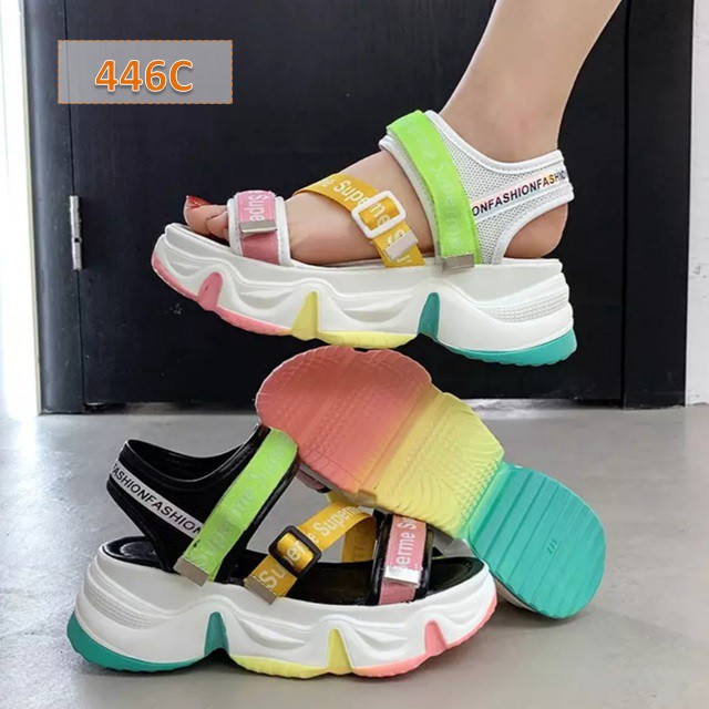 Sendal Gunung Wedges Fashion Wanita Sol Pelangi WA 412 Sandal Tali Rainbow Fahion Kasual Korea (446) Sol Tebal 5 Cm