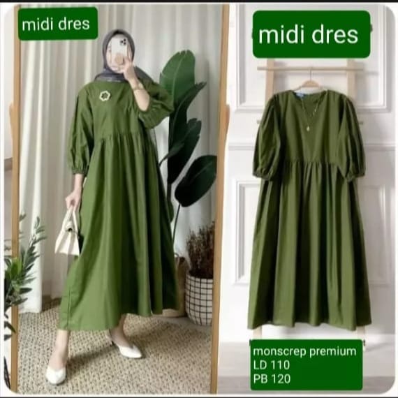 midi dress sleting belakang bellacrepe jumbo kerut depan polos viral