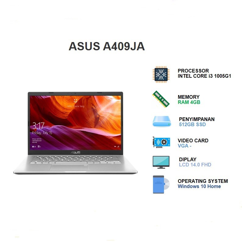 Laptop asus A409ja-ek351fhd i3-1005G1 14&quot; FHD Ssd 512gb Ram 4gb IHD windows 10