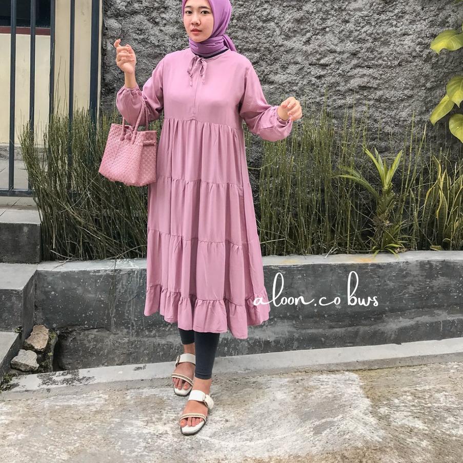 Terbaik Midi Dress Rempel Susun Rayon  - Tunik Wanita Rempel Susun - Dress Rufle  ✔
