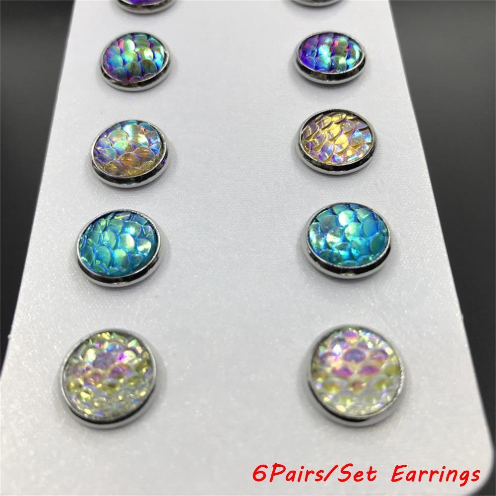 Solighter 6pasang/Set Anting Sisik Mermaid Perhiasan Bulat 12mm Unik