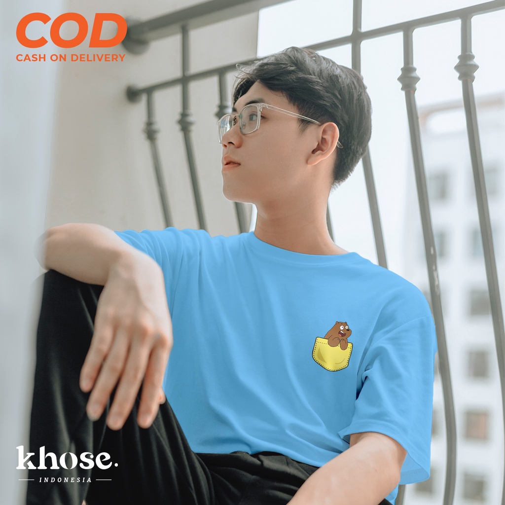 KHOSE Kaos Unisex Karakter Lucu GRIZZ POCKET / KODE P-03 / KAOS WE BARE BEAR GRIZZ / Kaos Wanita / Kaos Sablon Digital