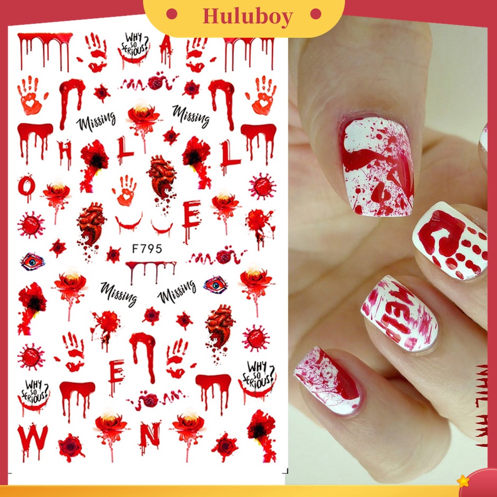 Huluboy Huluboy♡ 2pcs / Set Stiker Kuku Motif Tangan Berdarah Mata Merah Untuk Halloween