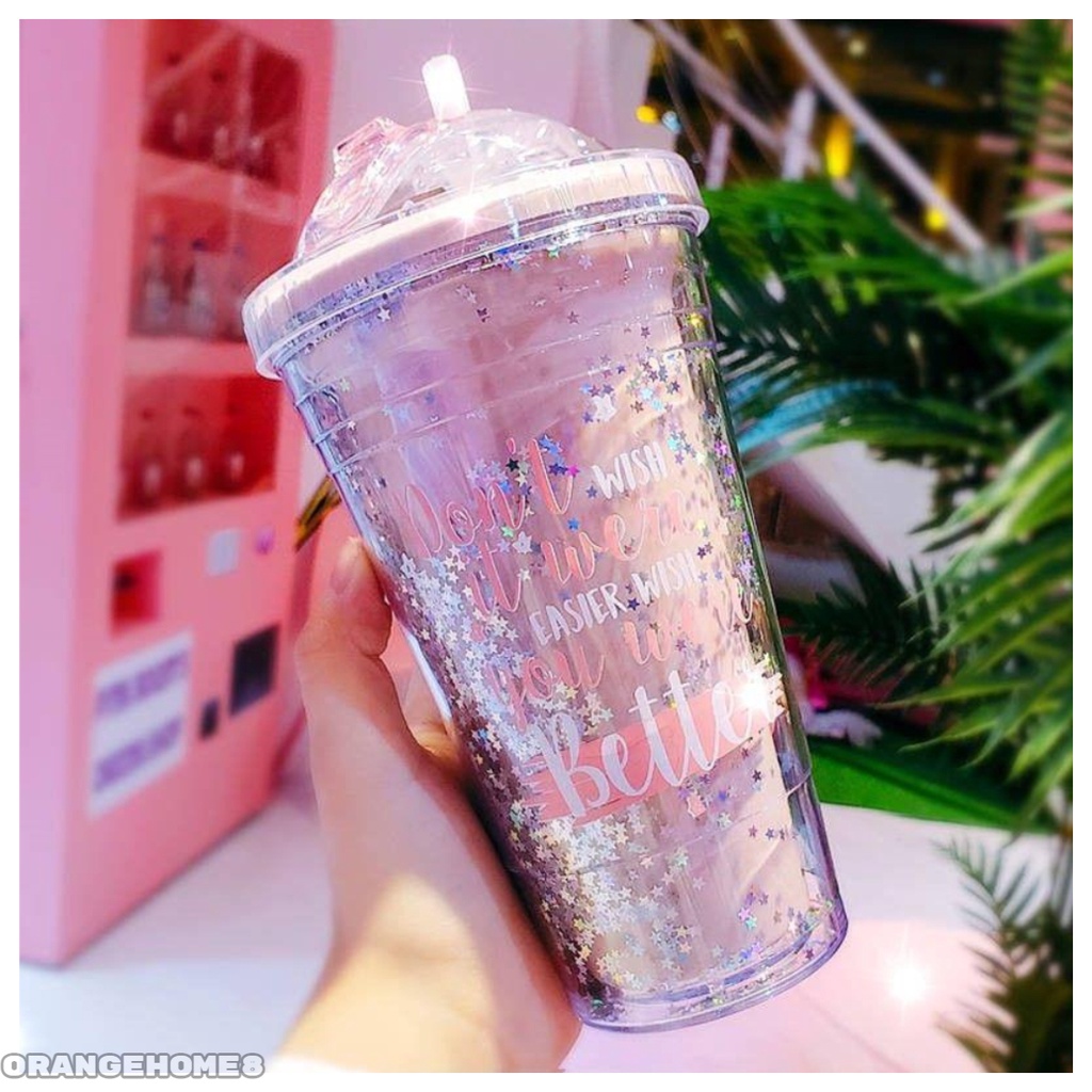 Botol Minum Gemoy Glitter Tumbler Gelas Botol Minum Air Sedotan COD