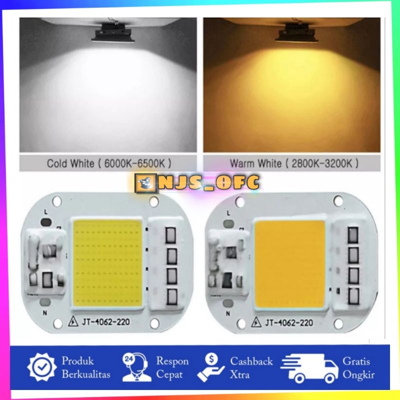 CHIP LAMPU SOROT 50WATT WHITE DAN WHARM WHITE.CHIP LED COB 50W input 220V AC driver IC smart. CHIP LED 50W 220V SOROT