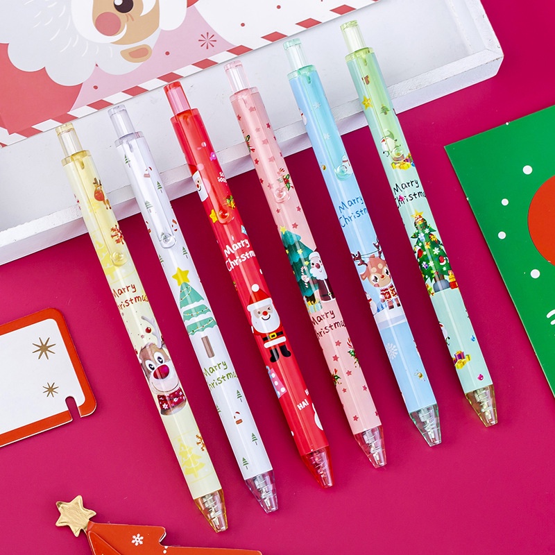 Pulpen Gel Hitam Retractable Motif Kartun Snowman / Rusa / Pohon Natal Untuk Stationery Sekolah / Kantor