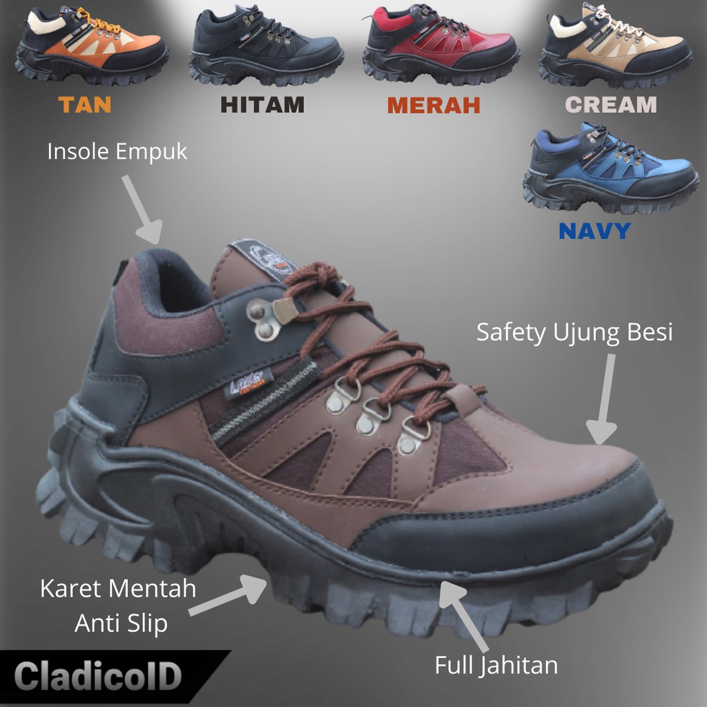 Sepatu Boots Pria Safety Ujung Besi Kualitas Premium Sol Karet Outdoor Kerja Lapangan Proyek Mendaki Gunung Haking Travel Berkendara Sefty Shoes Low Cut