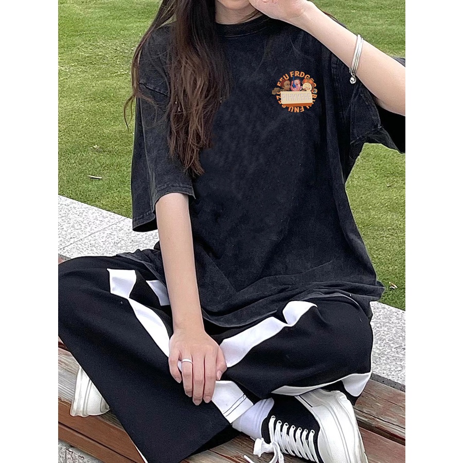 EUNII T-shirt Lengan Pendek Washed Dicuci Hitam Rasa Pencetakan Longgar Korean Style/Kaos Atasan Wanita/Baju Kaus Oversize Wanita